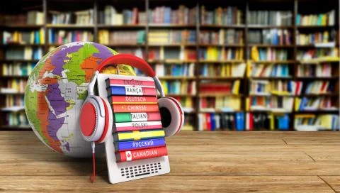 E-boock whith globe audio learning languages 3d render image Success knowlege Stock Illustration