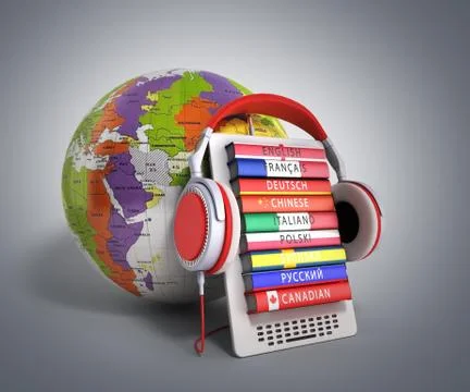 E-boock whith globe audio learning languages 3d render on grey gradient Stock Illustration