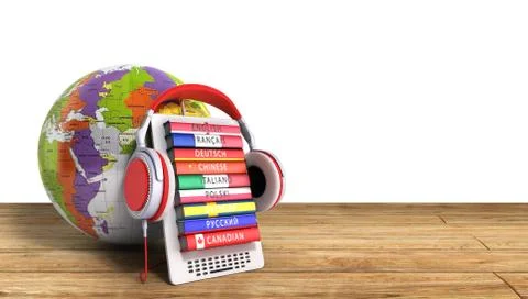 E-boock whith globe audio learning languages 3d render Success knowlege conce Stock Illustration