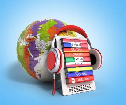 E-boock whith globe audio learning languages 3d render on gradient Illustrazione stock