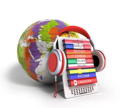 E-boock whith globe audio learning languages 3d render on white Illustrazione stock
