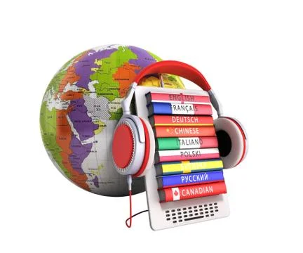 E-boock whith globe audio learning languages 3d render no shadow Stock Illustration