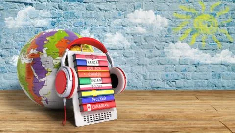 E-boock whith globe audio learning languages 3d illustration image Success kn Stock Illustration