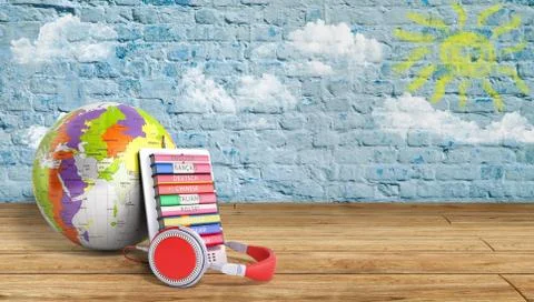 E-boock whith globe audio learning languages breeck background 3d render Succ Stock Illustration