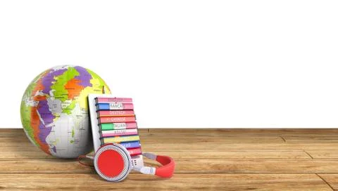 E-boock whith globe audio learning languages wood background 3d render Succes Stock Illustration