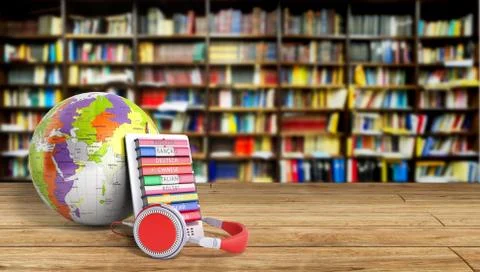 E-boock whith globe audio learning languages 3d render Success knowlage conce Stock Illustration