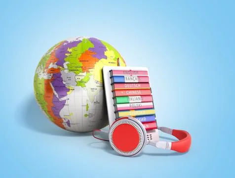 E-boock whith globe audio learning languages 3d render on blue Stock Illustration