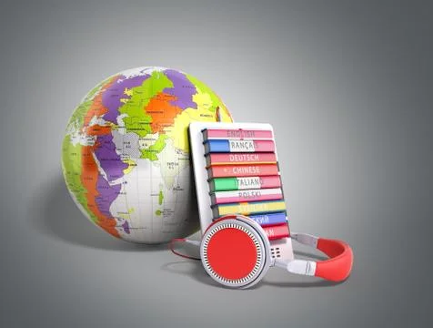 E-boock whith globe audio learning languages 3d render on grey Stock Illustration