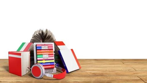 E-book audio learning languages and Books on wood 3d render Success knowlage  Illustrazione stock
