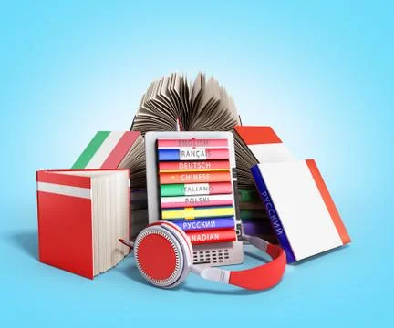 E-book audio learning languages and Books 3d render on blue gradient Stock Illustration