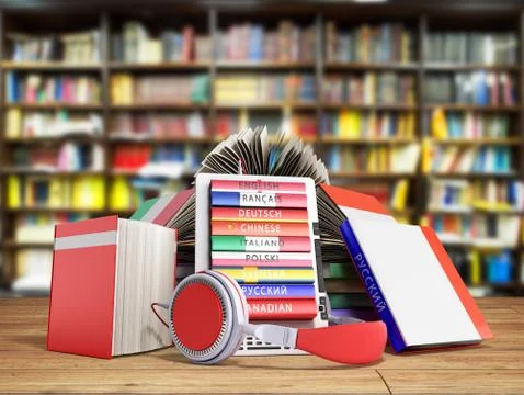 E-book audio learning languages and Books 3d render library background Stock Illustration
