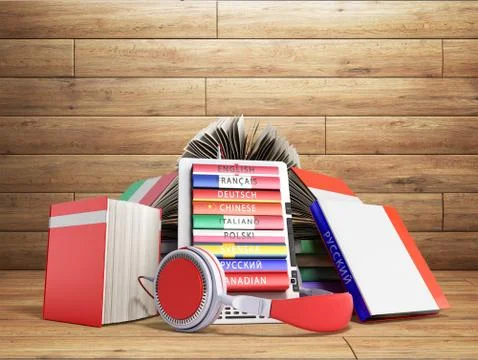 E-book audio learning languages and Books 3d render on wood Stock Illustration