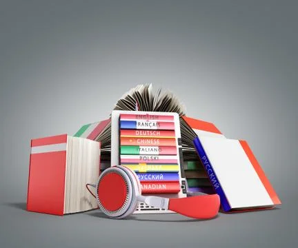 E-book audio learning languages and Books 3d render on grey gradient 스톡 일러스트