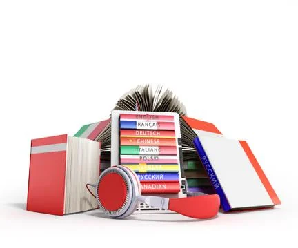 E-book audio learning languages and Books 3d render on white Stock Illustration