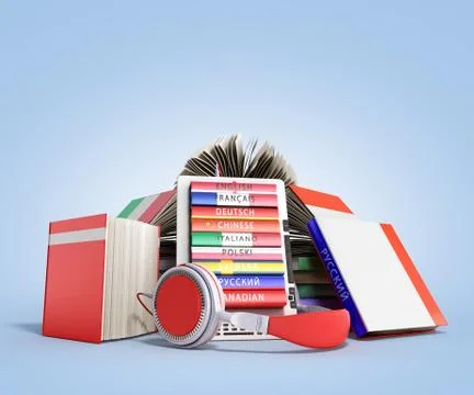 E-book audio learning languages and Books 3d render on blue gradient Stock Illustration