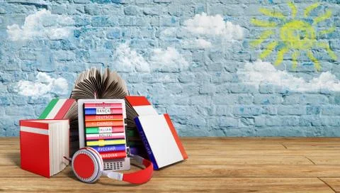 E-book audio learning languages and Books on break bacground 3d render Succes Illustrazione stock