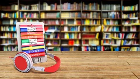 E-book audio learning languages in library bacground 3d render Success knowla Stock Illustration