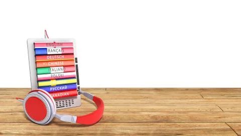 E-book audio learning languages on wood bacground 3d render Success knowlage  Stock Illustration