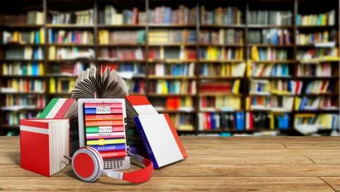 E-book audio learning languages and Books in library 3d render Success knowla Stock Illustration