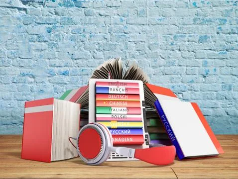 E-book audio learning languages and Books 3d render break background Stock Illustration