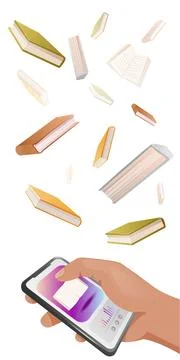 E-book, digital library, online learning concept with Phone and books Stock Illustration