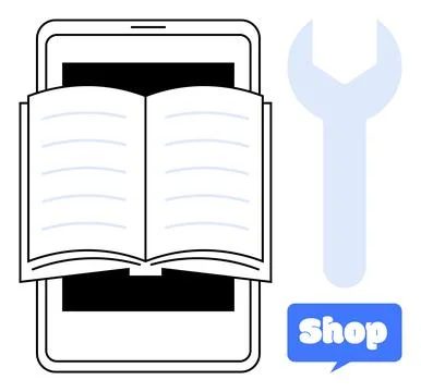 E-book displayed on a smartphone screen alongside a large wrench and shop ico Stock Illustration