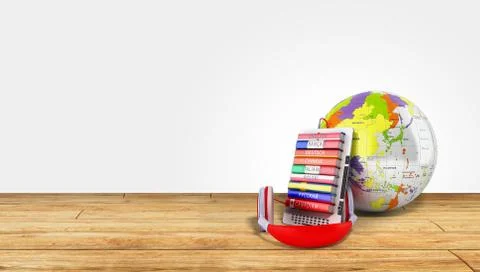 E-book with globe audio learning languages wood background 3d render Success  イラスト素材