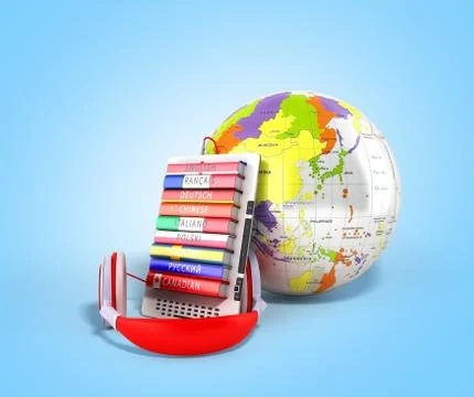 E-book with globe audio learning languages 3d render on blue 库存插图