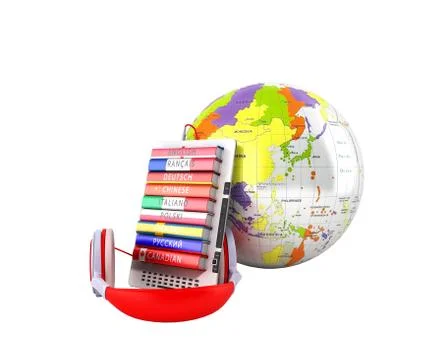 E-book with globe audio learning languages 3d render no shadow Stock Illustration