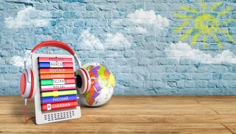 E-book with globe audio learning languages breeck background 3d render Succes Stock Illustration
