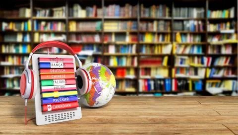 E-book with globe audio learning languages library background 3d render Succe Stock Illustration