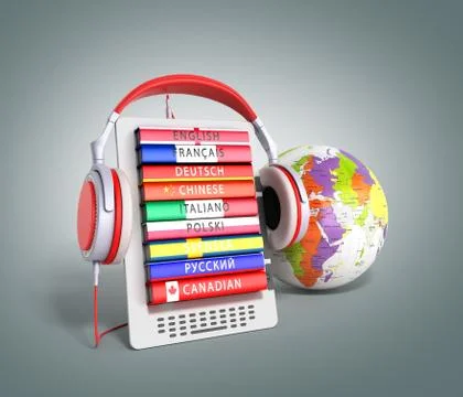E-book with globe audio learning languages 3d render on grey gradient Stock Illustration
