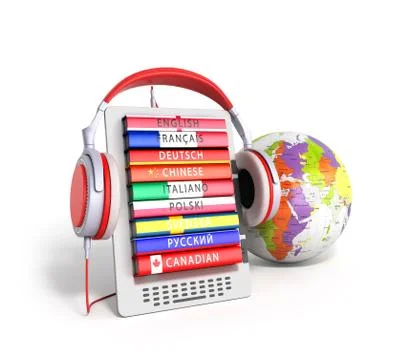 E-book with globe audio learning languages 3d render Stock Illustration