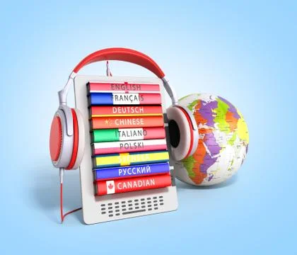 E-book with globe audio learning languages 3d render Stock Illustration
