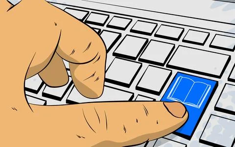 E-book icon on computer keyboard. Man push keypad on laptop. Comic book style Illustrazione stock