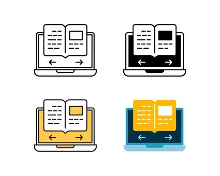 E-book icon on laptop vector design in 4 style line, glyph, duotone, and flat Stock-Illustration