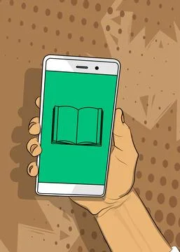 E-book icon on Smartphone screen. Cartoon vector illustrated mobile phone. Stock Illustration