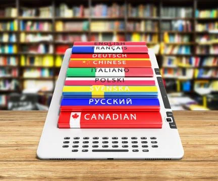E-book learning languages 3d render in library bacground Stock Illustration