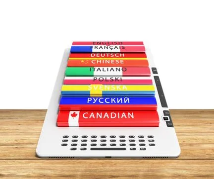 E-book learning languages 3d render on woodbacground Stock Illustration