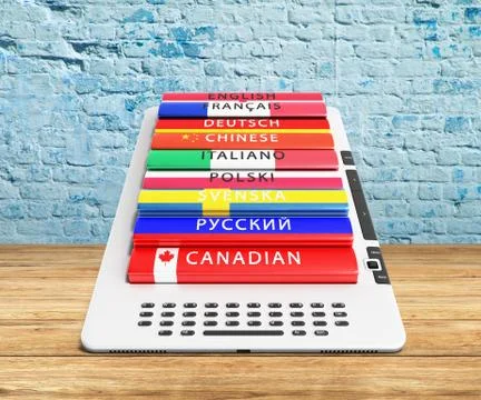 E-book learning languages 3d render on wood break bacground Stock Illustration