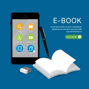 E-book Online Education Application learning on phone Vector. Stock Illustration
