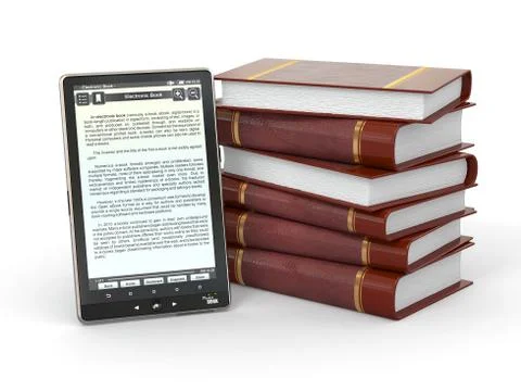 E-book reader and  stack of books. 3d Stock Illustration