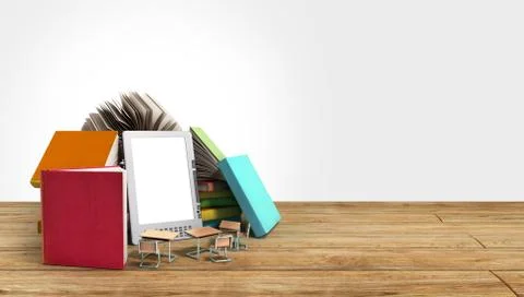 E-book reader Books and tablet 3d render om wood flor Success knowlege concep Illustrazione stock