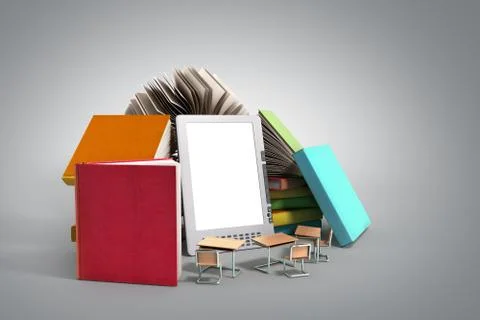 E-book reader Books and tablet 3d render image on grey gradient Stock Illustration