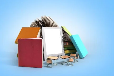 E-book reader Books and tablet 3d render image on blue gradient Stock Illustration