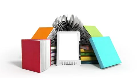 E-book reader Books and tablet 3d render image on white 스톡 일러스트