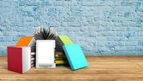 E-book reader Books and tablet breeck background 3d render Success knowlage c Stock Illustration