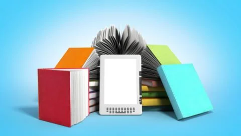 E-book reader Books and tablet 3d render image on gradient Stock Illustration