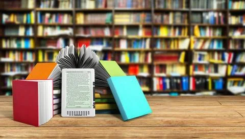 E-book reader Books and tablet library background 3d illustration Success kno 스톡 일러스트