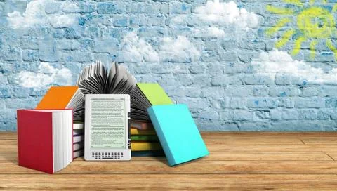 E-book reader Books and tablet breeck background 3d illustration Success know Stock Illustration
